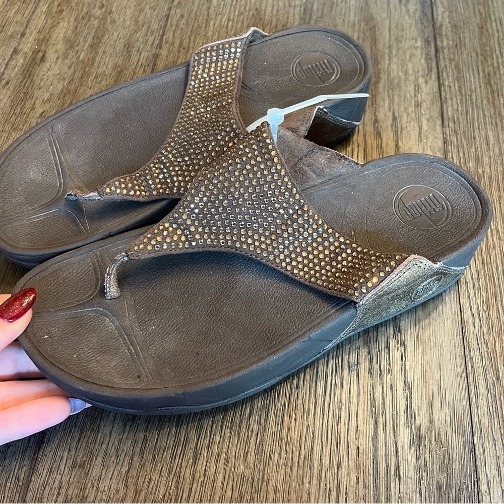 Brown rhinestone fitflop wedges